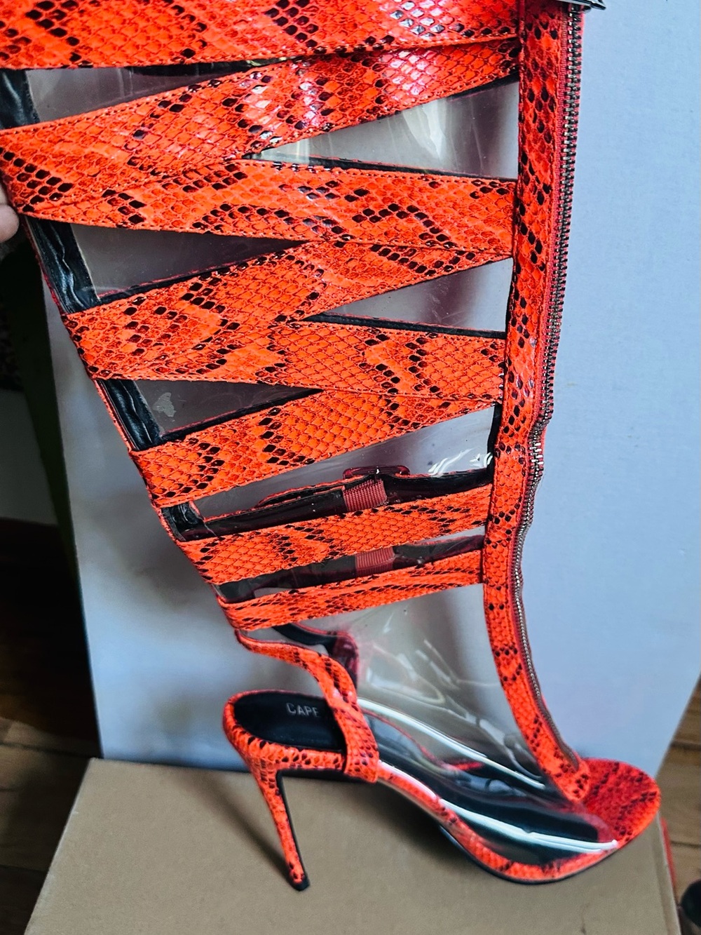 Cape Robbin’s Women’s Strappy High Heel Sandals in Orange Snake Print